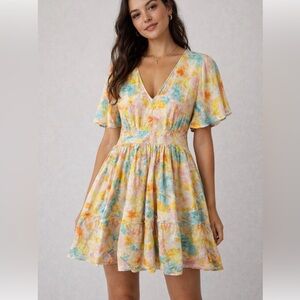 Roberta Roller Rabbit Pastel watercolor floral V-Neck ruffle Mini Dress small